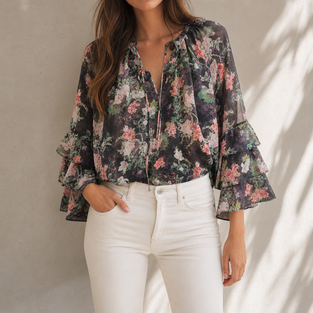 Alice + Olivia Floral Sheer Ruffle Blouse XS (Relaxed Fit)